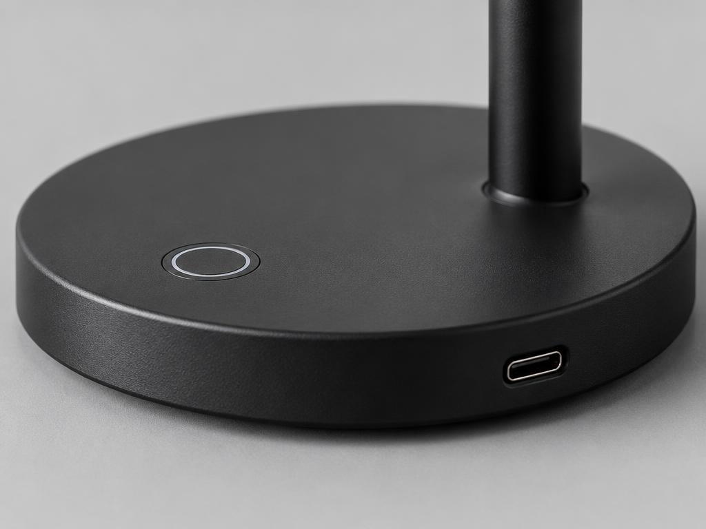 Close-up of the touch control and USB-C port on the desk lamp base