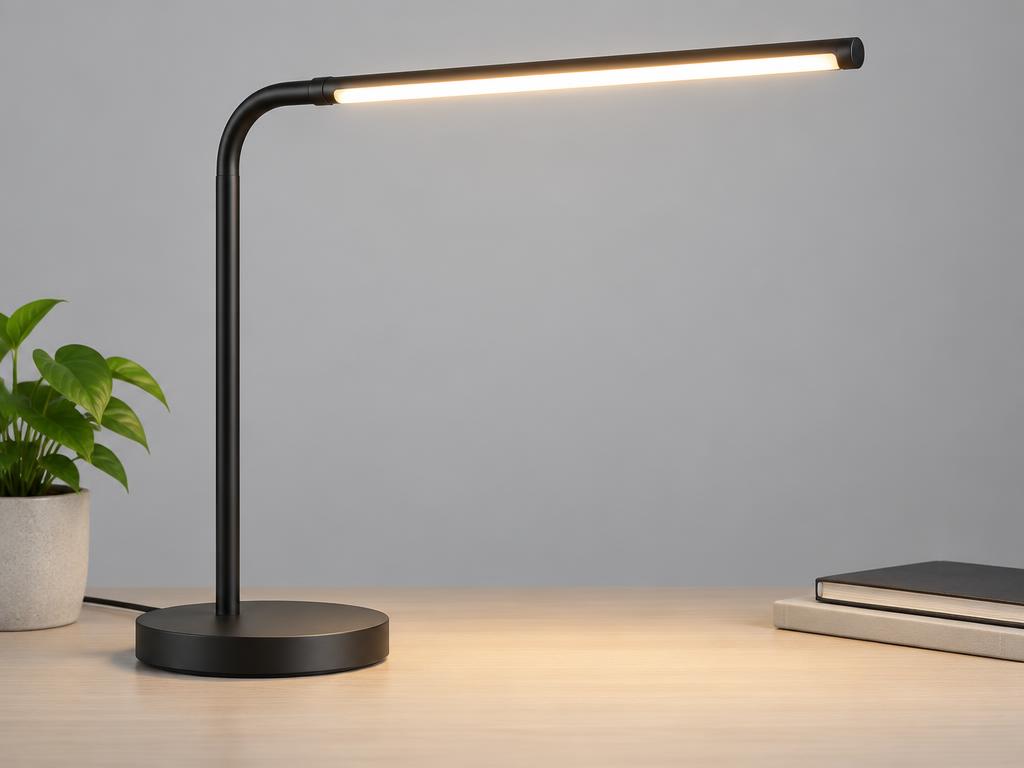 Slim matte black desk lamp with a warm glowing light bar on a wooden desk