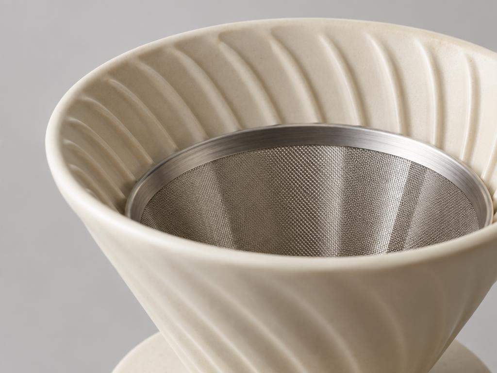Close-up of the ribbed inside of the ceramic cone with the steel filter in place